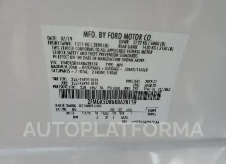 FORD FLEX LIMIT 2019 vin 2FMGK5D86KBA28159 from auto auction Copart