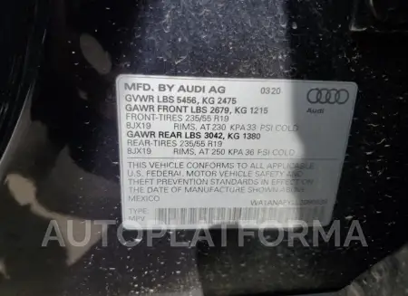 AUDI Q5 PREMIUM 2020 vin WA1ANAFY2L2080638 from auto auction Copart