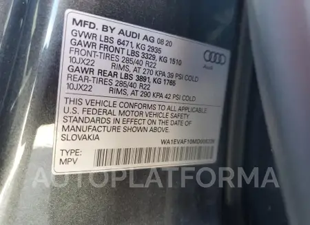 AUDI Q8 PREMIUM 2021 vin WA1EVAF10MD006239 from auto auction Copart