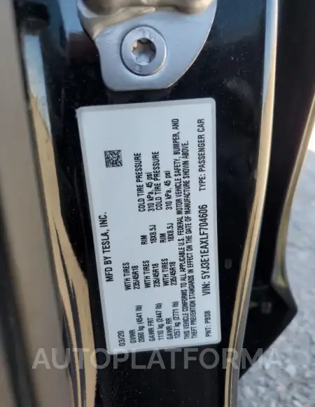 TESLA MODEL 3 2020 vin 5YJ3E1EAXLF704606 from auto auction Copart