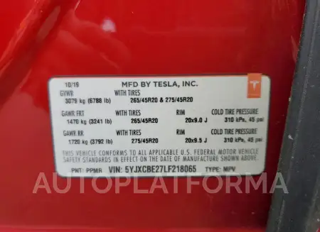 TESLA MODEL X 2020 vin 5YJXCBE27LF218065 from auto auction Copart