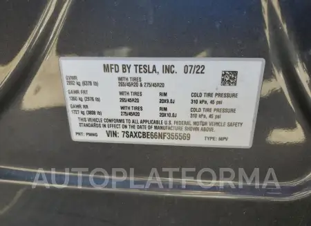 TESLA MODEL X 2022 vin 7SAXCBE66NF355569 from auto auction Copart