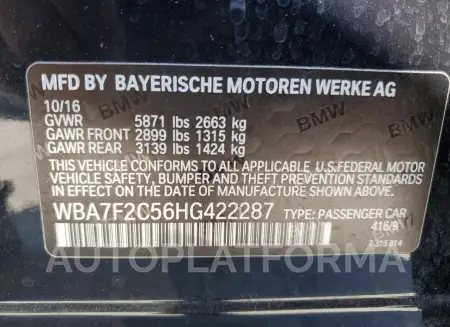 BMW 750 XI 2017 vin WBA7F2C56HG422287 from auto auction Copart