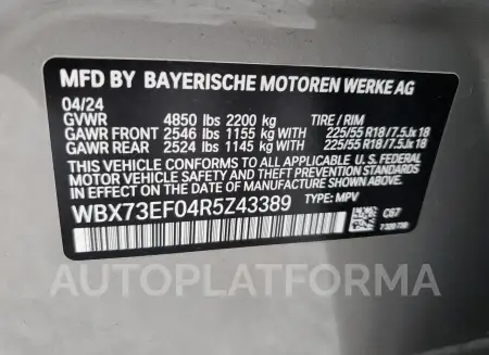 BMW X1 XDRIVE2 2024 vin WBX73EF04R5Z43389 from auto auction Copart