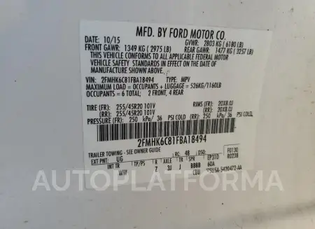 FORD FLEX SEL 2015 vin 2FMHK6C81FBA18494 from auto auction Copart