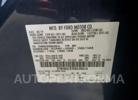 FORD FLEX SEL 2019 vin 2FMHK6C82KBA30616 from auto auction Copart