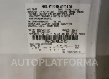 FORD FLEX SEL 2018 vin 2FMHK6C89JBA05405 from auto auction Copart