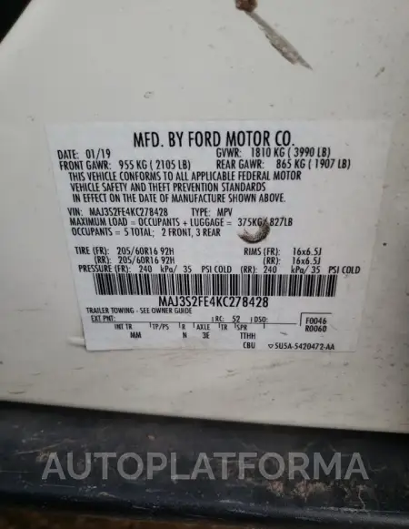 FORD ECOSPORT S 2019 vin MAJ3S2FE4KC278428 from auto auction Copart