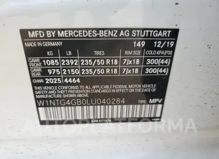 MERCEDES-BENZ GLA 250 4M 2020 vin W1NTG4GB0LU040284 from auto auction Copart