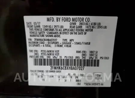 FORD FLEX SEL 2017 vin 2FMHK6C8XHBA07027 from auto auction Copart