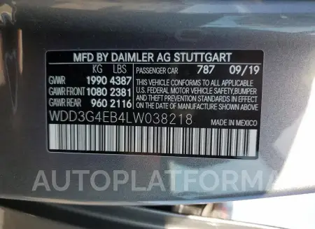 MERCEDES-BENZ A 220 2020 vin WDD3G4EB4LW038218 from auto auction Copart