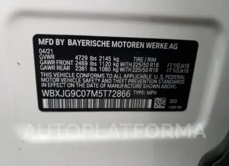 BMW X1 XDRIVE2 2021 vin WBXJG9C07M5T72866 from auto auction Copart