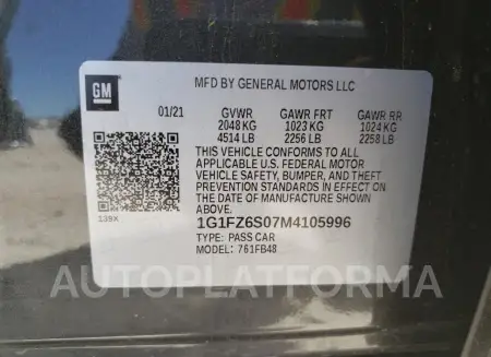 CHEVROLET BOLT EV PR 2021 vin 1G1FZ6S07M4105996 from auto auction Copart