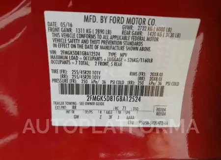 FORD FLEX LIMIT 2016 vin 2FMGK5D81GBA12524 from auto auction Copart