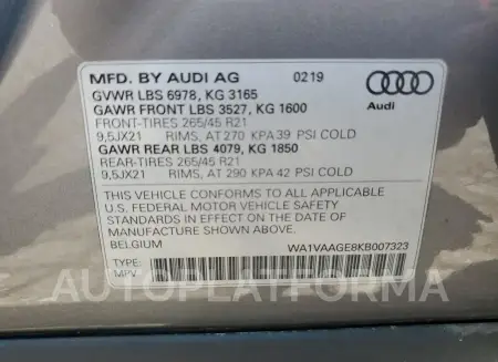 AUDI E-TRON PRE 2019 vin WA1VAAGE8KB007323 from auto auction Copart