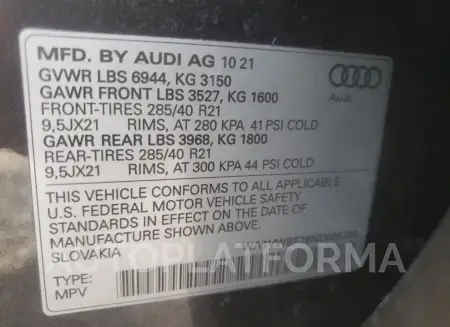 AUDI SQ7 PRESTI 2022 vin WA1VWBF78ND005333 from auto auction Copart