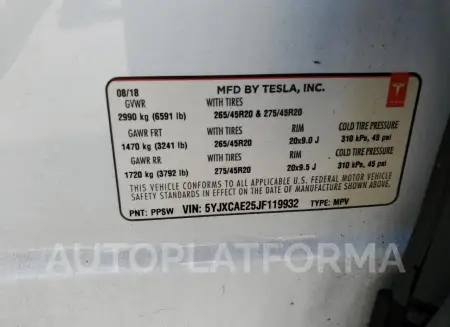 TESLA MODEL X 2018 vin 5YJXCAE25JF119932 from auto auction Copart