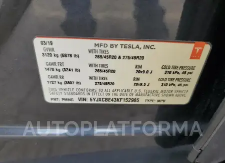 TESLA MODEL X 2019 vin 5YJXCBE43KF152985 from auto auction Copart