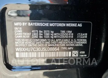 BMW X1 SDRIVE2 2018 vin WBXHU7C30J5L08864 from auto auction Copart