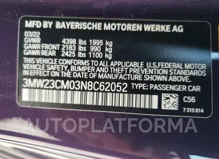 BMW 230I 2022 vin 3MW23CM03N8C62052 from auto auction Copart