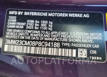 BMW 230I 2023 vin 3MW23CM08P8C94188 from auto auction Copart