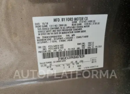 FORD FLEX SEL 2019 vin 2FMGK5C89KBA07839 from auto auction Copart