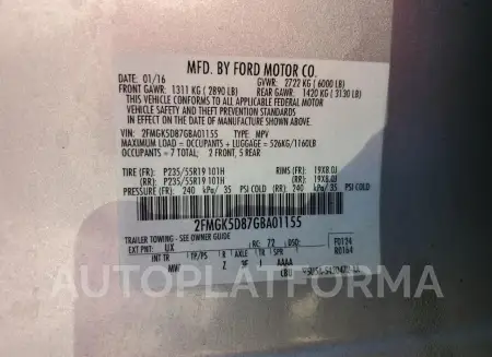 FORD FLEX LIMIT 2016 vin 2FMGK5D87GBA01155 from auto auction Copart