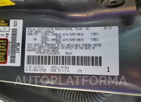 TOYOTA TUNDRA CRE 2018 vin 5TFEM5F15JX129674 from auto auction Copart