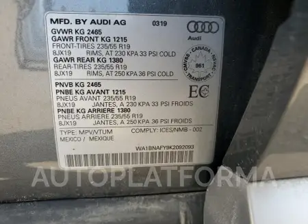 AUDI Q5 PREMIUM 2019 vin WA1BNAFY9K2092093 from auto auction Copart