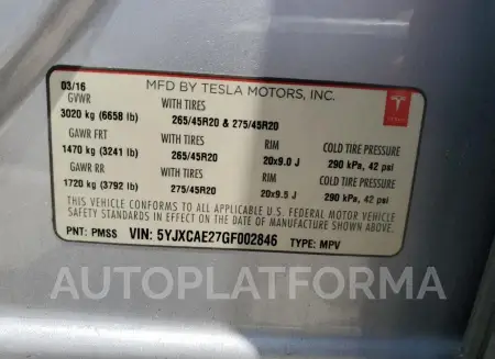 TESLA MODEL X 2016 vin 5YJXCAE27GF002846 from auto auction Copart