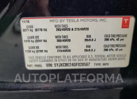 TESLA MODEL X 2016 vin 5YJXCBE24GF028567 from auto auction Copart