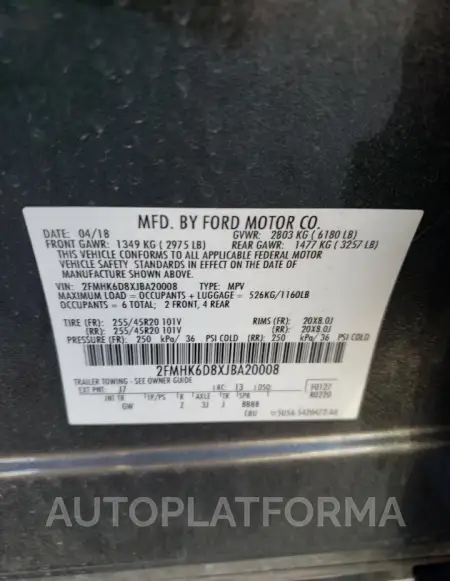 FORD FLEX LIMIT 2018 vin 2FMHK6D8XJBA20008 from auto auction Copart