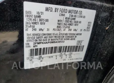 FORD EDGE ST 2021 vin 2FMPK4AP0MBA56533 from auto auction Copart