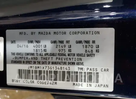 MAZDA 3 GRAND TO 2016 vin JM1BM1X73G1348143 from auto auction Copart