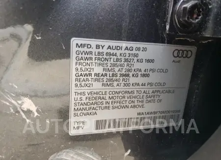 AUDI SQ7 PREMIU 2021 vin WA1AWBF70MD010345 from auto auction Copart