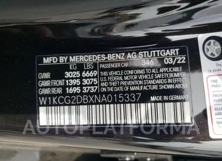 MERCEDES-BENZ EQS SEDAN 2022 vin W1KCG2DBXNA015337 from auto auction Copart