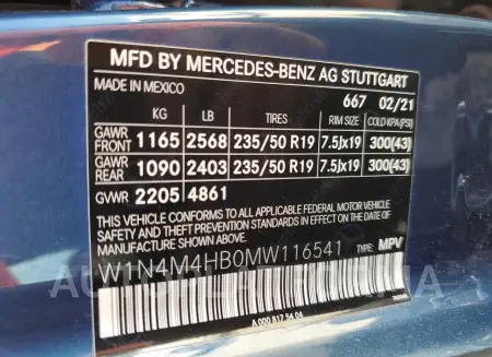 MERCEDES-BENZ GLB 250 4M 2021 vin W1N4M4HB0MW116541 from auto auction Copart