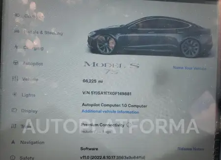 TESLA MODEL S 2016 vin 5YJSA1E1XGF149881 from auto auction Copart