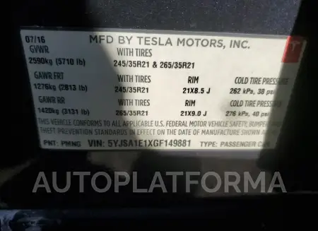 TESLA MODEL S 2016 vin 5YJSA1E1XGF149881 from auto auction Copart