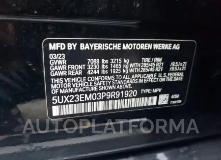 BMW X7 XDRIVE4 2023 vin 5UX23EM03P9R91920 from auto auction Copart