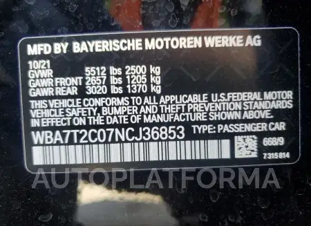 BMW 740 I 2022 vin WBA7T2C07NCJ36853 from auto auction Copart