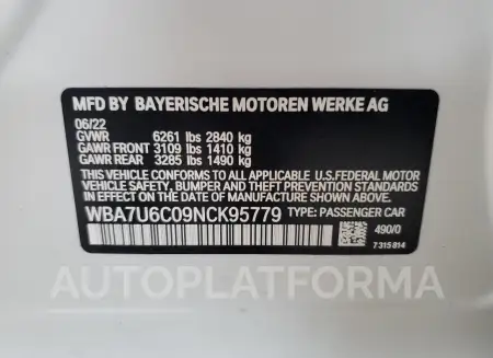 BMW M760 XI 2022 vin WBA7U6C09NCK95779 from auto auction Copart