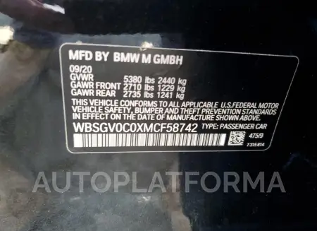 BMW M8 2021 vin WBSGV0C0XMCF58742 from auto auction Copart