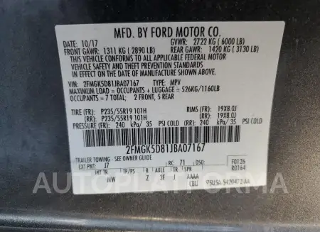 FORD FLEX LIMIT 2018 vin 2FMGK5D81JBA07167 from auto auction Copart