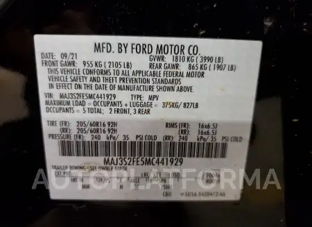 FORD ECOSPORT S 2021 vin MAJ3S2FE5MC441929 from auto auction Copart