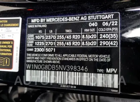 MERCEDES-BENZ GLC 300 2022 vin W1N0G8DB5NV398346 from auto auction Copart