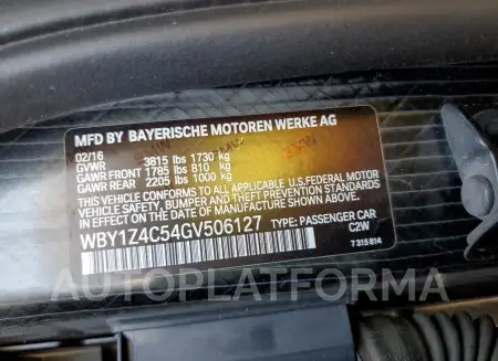 BMW I3 REX 2016 vin WBY1Z4C54GV506127 from auto auction Copart