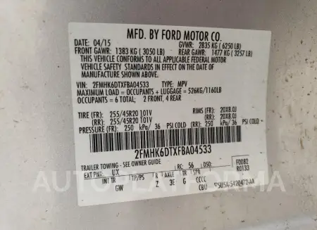 FORD FLEX LIMIT 2015 vin 2FMHK6DTXFBA04533 from auto auction Copart