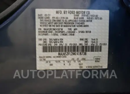 FORD ECOSPORT S 2021 vin MAJ6S3FL2MC418738 from auto auction Copart