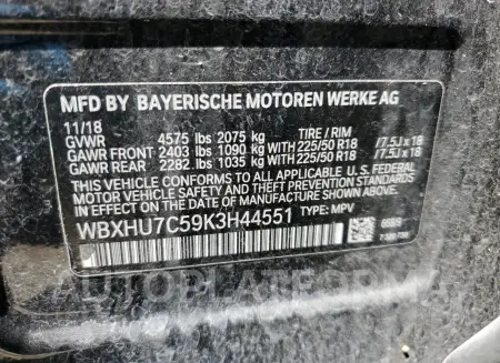 BMW X1 SDRIVE2 2019 vin WBXHU7C59K3H44551 from auto auction Copart